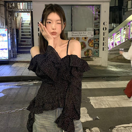 西遇法式波点衬衫女春夏新款凉感长袖荷叶边吊带一字肩上衣SS150308 商品图2