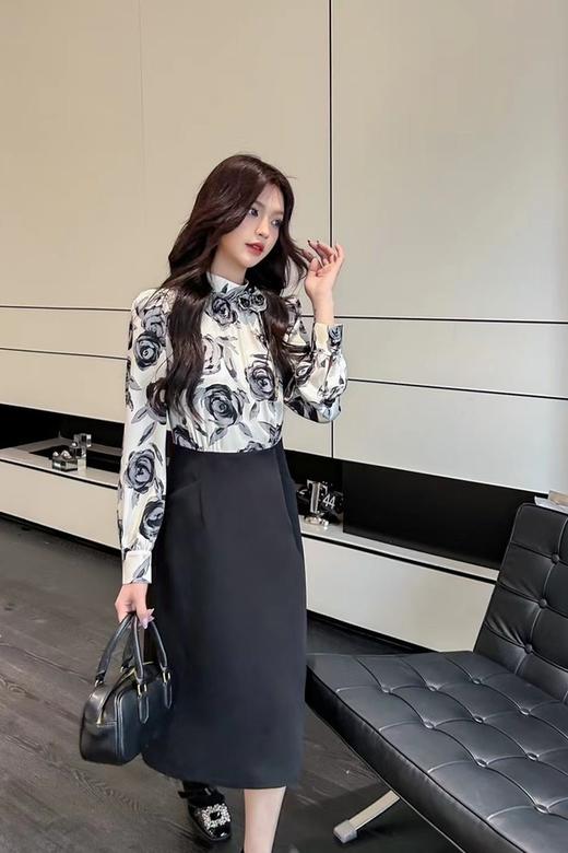 ELLA JADE 艺术玫瑰印花高腰拼接连衣裙 19717 商品图2