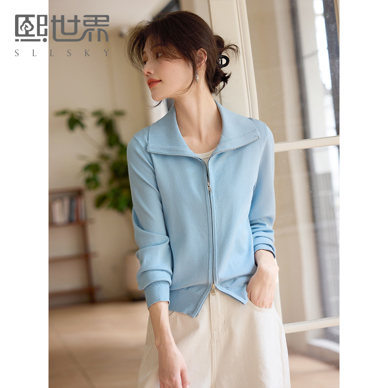 【专属特价】熙世界薄荷蓝双拉链翻领针织衫女设计感休闲开衫外套2025春装新款