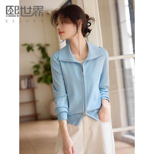【专属特价】熙世界薄荷蓝双拉链翻领针织衫女设计感休闲开衫外套2025春装新款 商品图0