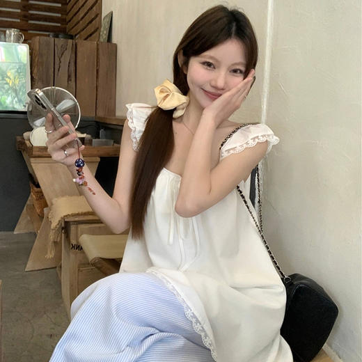 西遇叠穿衬衫连衣裙女2025年春夏新款系带罩衫白色蕾丝花边吊带裙SS150280 商品图4