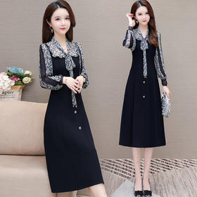 洋气V领波点连衣裙，气质修身中长款打底裙子QYM-YIYI-LS926