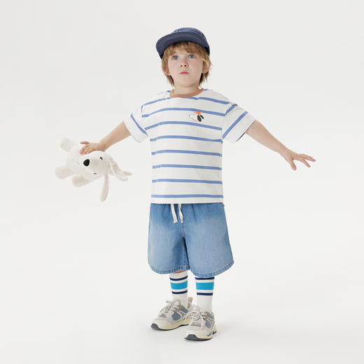马克珍妮男童条纹快乐小狗T恤2025年春夏新款550625 商品图1