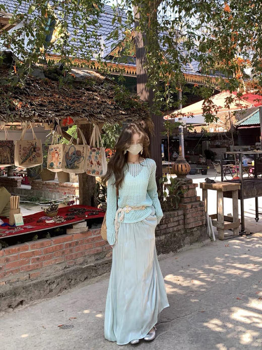 【GZ】无忧购气质温柔流光感半身长纱裙+慵懒风镂空防晒针织衫套装(配腰带)5576-5#（截单后7天发货) 商品图3