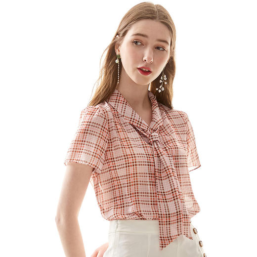 欧芮儿夏装2019新款女装格子雪纺衫女宽松薄款上衣短袖洋气小衫 商品图3