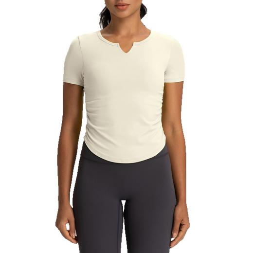 跃牌【倚窗听雨】夏季新款运动短袖T恤女带胸垫修身V领褶皱健身上衣DA96 商品图3