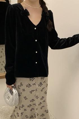 Le Malene 气质蝴蝶结丝绒上衣 19666