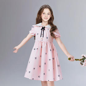 笛莎Deesha 童装女童连衣裙2025夏新款女童翻领蝴蝶结印花连衣裙
