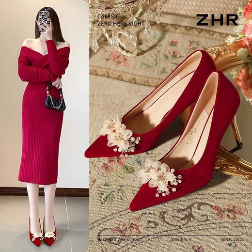 ZHR则则香槟色结婚婚鞋2025新款水晶鞋结婚新娘花朵新中式高跟鞋 商品图1