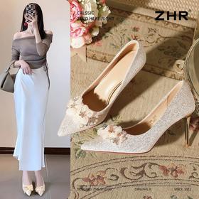 ZHR则则香槟色结婚婚鞋2025新款水晶鞋结婚新娘花朵新中式高跟鞋