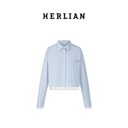 Herlian2025年蕾丝拼接条纹长袖衬衫女士花边衬衫polo上衣 商品图4