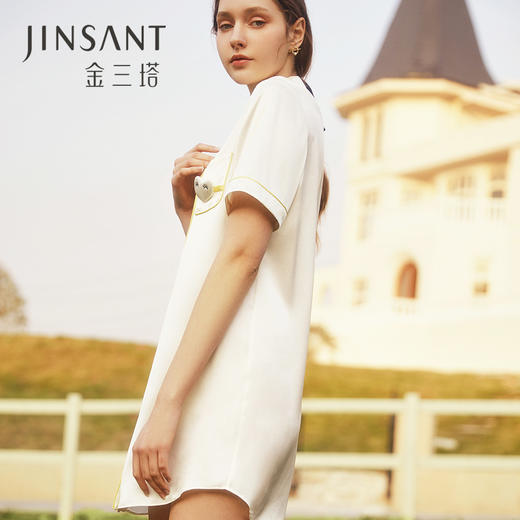 金三塔法式翻驳领短袖真丝睡裙爱心装饰100%桑蚕丝短裙家居服 YSFCB398 商品图3