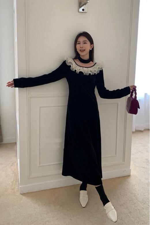 ELLA JADE 丝绒蕾丝拼接choke连衣裙 19704 商品图0