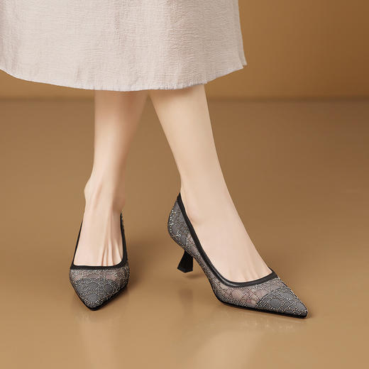 【预售5天】透气蕾丝网纱高跟鞋女新款夏季设计感小众气质尖头细跟单鞋HY&H3646 商品图2