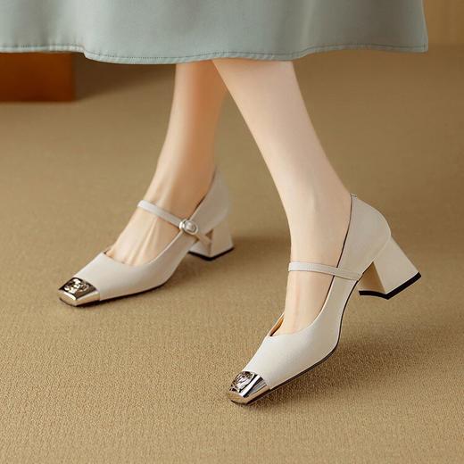 【预售5天】法式优雅铁头粗跟高跟鞋女丝绸羊皮方头浅口单鞋一字带玛丽珍鞋NJMK&K1355 商品图3