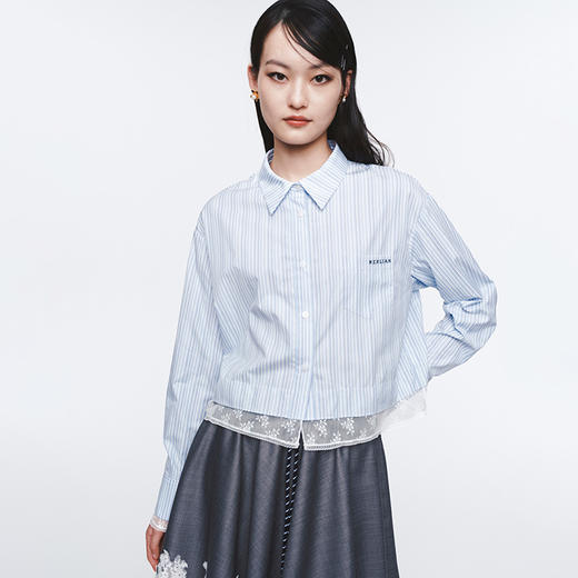 Herlian2025年蕾丝拼接条纹长袖衬衫女士花边衬衫polo上衣 商品图3