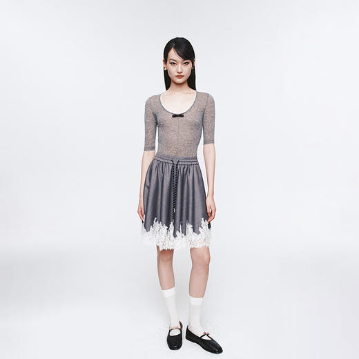 Herlian2025年蕾丝拼接松紧腰伞裙女士花边下摆中长款半裙 商品图1