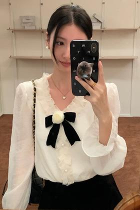 ELLA JADE 花边领米色领结饰半透明衬衣 19778