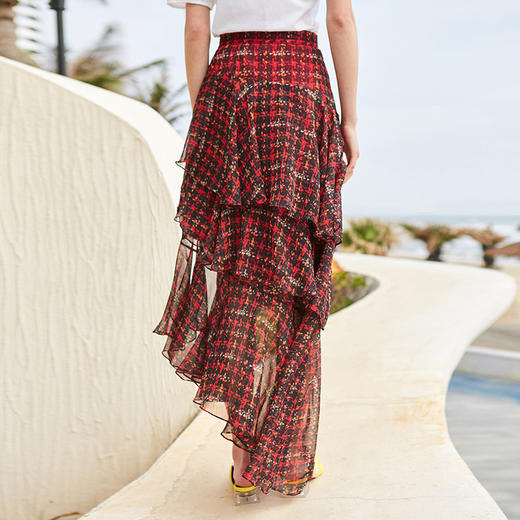 欧芮儿格子半身裙女中长款夏装2019新女装红色叠叠裙女裙中长款 商品图1