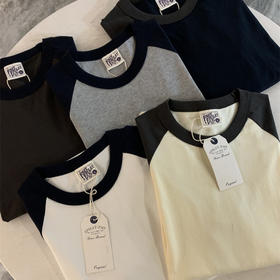 口碑系列! 2025阿美咔叽风精梳全棉插肩袖撞色圆领长袖T恤打底衫卫衣男款情侣款！