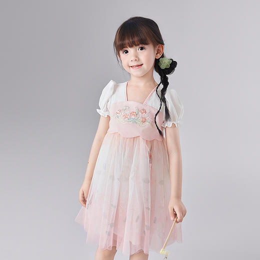 笛莎Deesha 童装女童连衣裙2025夏新款女童国风粉粉萌萌郁金香优雅连衣裙 商品图1
