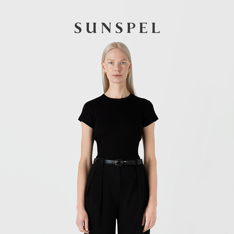 SUNSPEL女士经典款Supima匹马棉罗纹针织修身圆领T恤