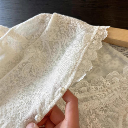法式重工刺绣上衣V领蕾丝花边小衫长袖开衫喇叭袖衬衫白色衬衣女款！ 商品图3