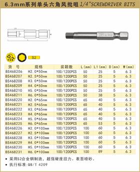 波斯 6.3mm系列单头六角风批咀H2.0*65 BS468220