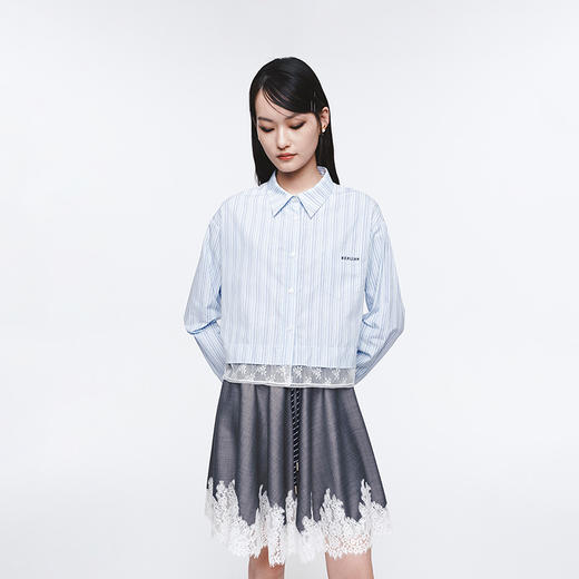 Herlian2025年蕾丝拼接条纹长袖衬衫女士花边衬衫polo上衣 商品图0