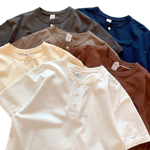 压轴推荐！重磅300G！2025纯棉美式咔叽复古亨利领纯色宽松短袖T恤衫！ 商品图4