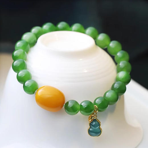 【经典】福禄双全天然蜜蜡和田玉翡翠手串8mm  葫芦吊坠手链珠串严选碧玉925银手串 一物一证 商品图2