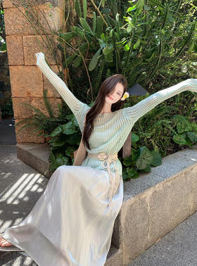 【GZ】无忧购气质温柔流光感半身长纱裙+慵懒风镂空防晒针织衫套装(配腰带)5576-5#（截单后7天发货)