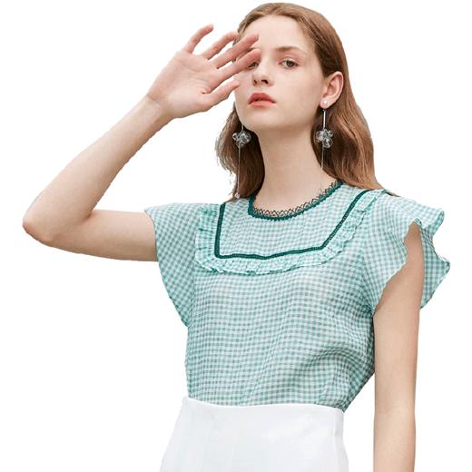 欧芮儿2019新款女装夏装时尚娃娃领格子雪纺衫女飞飞袖洋气小衫 商品图3