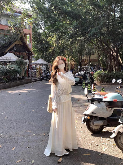 【GZ】无忧购气质温柔流光感半身长纱裙+慵懒风镂空防晒针织衫套装(配腰带)5576-5#（截单后7天发货) 商品图8