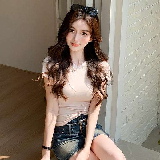 夏季辣妹上衣圆领正肩女弹力显瘦内外搭修身短袖t恤白色 商品图3