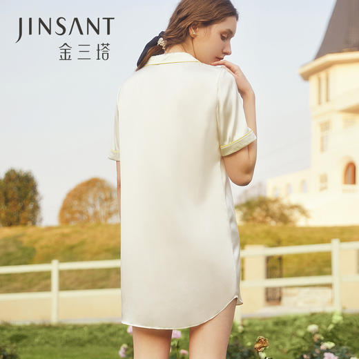 金三塔法式翻驳领短袖真丝睡裙爱心装饰100%桑蚕丝短裙家居服 YSFCB398 商品图1