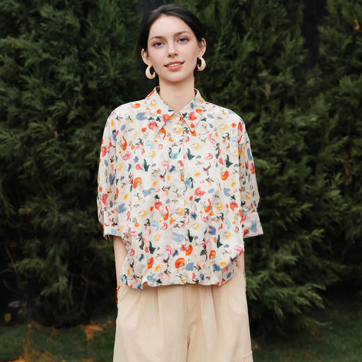 谜底花色衬衫分袖女2025夏新款复古宽松下摆可收缩衬衣256MC6202 商品图0