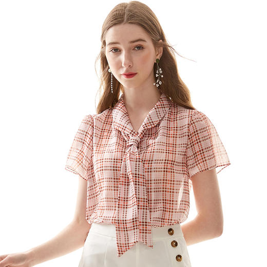 欧芮儿夏装2019新款女装格子雪纺衫女宽松薄款上衣短袖洋气小衫 商品图0