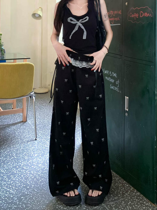 【美式甜辣蝴蝶结蕾丝拼接阔腿】休闲长裤女 夏季新款高腰拖地裤子 商品图1