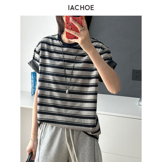 棉仓3621501005-IACHOE翻袖条纹短袖 商品图0