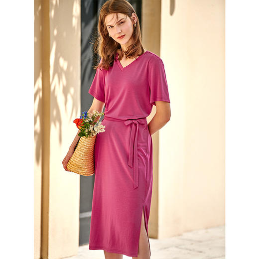 欧芮儿V领短袖T恤连衣裙女2021新款夏季中长款系带收腰开叉A字裙 商品图0