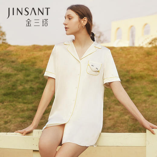 金三塔法式翻驳领短袖真丝睡裙爱心装饰100%桑蚕丝短裙家居服 YSFCB398 商品图0