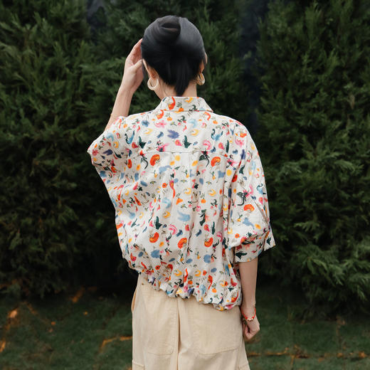 谜底花色衬衫分袖女2025夏新款复古宽松下摆可收缩衬衣256MC6202 商品图2
