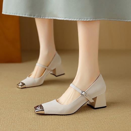 【预售5天】法式优雅铁头粗跟高跟鞋女丝绸羊皮方头浅口单鞋一字带玛丽珍鞋NJMK&K1355 商品图1