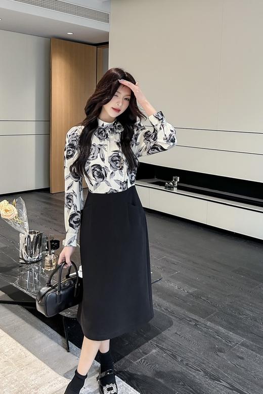 ELLA JADE 艺术玫瑰印花高腰拼接连衣裙 19717 商品图0