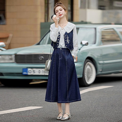 显瘦今年流行时尚套装女小个子长袖衬衣马甲半身裙三件套YM9951A 商品图1