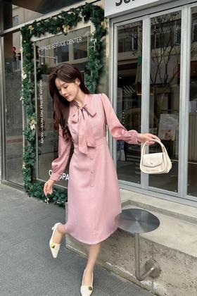 Le Malene 粉色蝴蝶结拼接式收腰连衣裙 19768