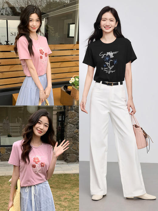 【专属特价】熙世界珠片刺绣正肩T恤女小众设计圆领短袖体恤上衣2025夏装新款 商品图1