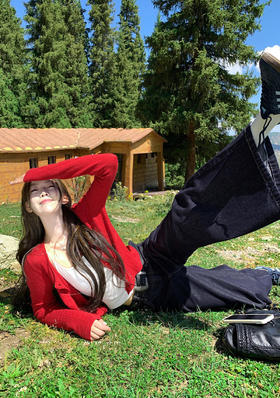 【GZ】无忧购简约镂空百搭针织开衫+百搭吊带背心+高腰直筒宽松百搭牛仔裤套装(配腰带)  6653-5（截单后7天发货)