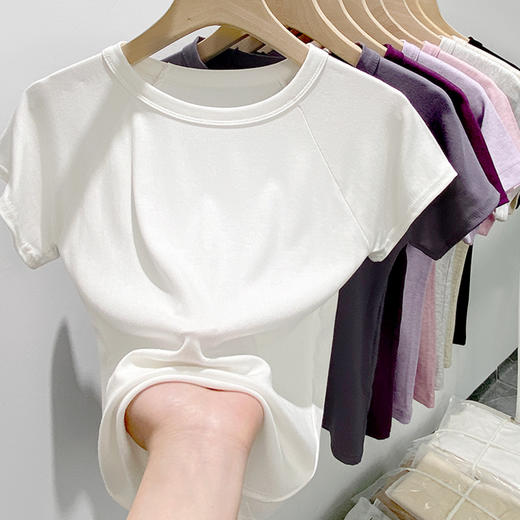 买1送1 夏季辣妹紫色设计感修身显瘦款上衣插肩袖圆领正肩短袖T恤女 商品图5